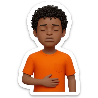 black boy curly hair orange shirt nauseous about to throw up mouth closed hand over sticker