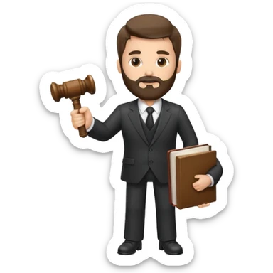 Create a male lawyer. he is wearing a fromal suit jckeret. He is holding a gavel in one hand and a book tucked under his another arm. He has beard. And the hair is kinda darker but not black. and is kinda short at the layers sticker
