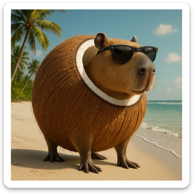 Make a subtle but clear change to the original image by adding sunglasses to the capybara-coconut creature. Keep the quality and style the same as the original. sticker