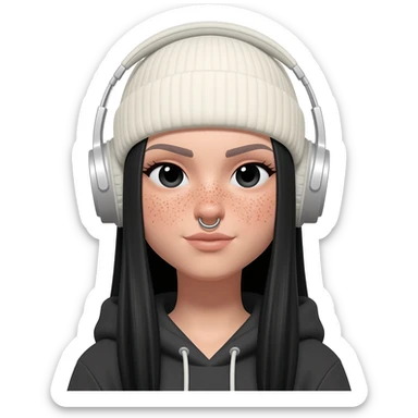 White curvy female with freckles, long straight black hair wearing a beanie and hoodie and nostril pierced listening to music sticker
