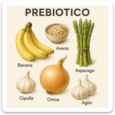 realistic and informative illustration showing only prebiotic foods on a light background, examples: bananas, oats, asparagus, onion, garlic, each food labeled in Italian as 'Prebiotico', clean and modern style sticker