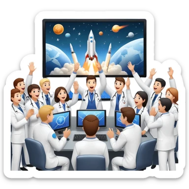 cheering mission control room with big screen showing successful rocket launch sticker