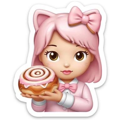 Hello kitty with a light pink bow holding a cinnamon roll sticker