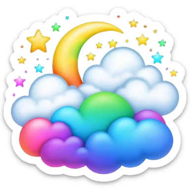 Neon rainbow colored moon with stars and clouds sticker