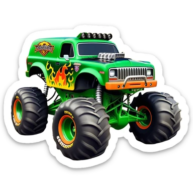 Grave Digger - Monster Jam (Model Year: 2022) (Iconic colour: Green with flames) - A legendary monster truck with a fearsome design: predominantly deep green with dynamic, vibrant flame graphics in bright orange and yellow. Highlight its rough, edgy bodywork and an aura of untamed rebellion. sticker