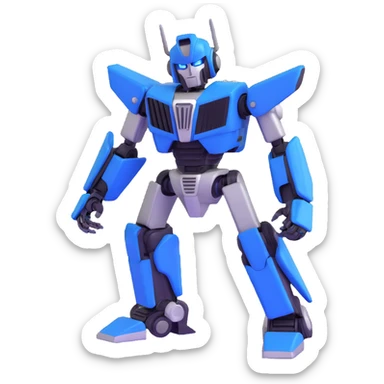 simple transformer robot in royal blue, black, and silver details, with an animated expression sticker
