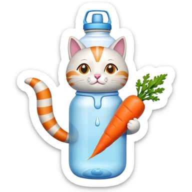 water bottle shaped like a cat holding a carrot in its paws sticker