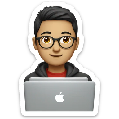 chinese student with round glasses and macbook sticker