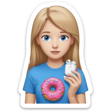 una ragazza dall‘ età di 19 anni con capelli biondo scuro lunghi e lisci ,  occhi celesti,  con addosso una maglietta con una ciambella e le cuffie airpods (bianche) ascoltando violetta sticker