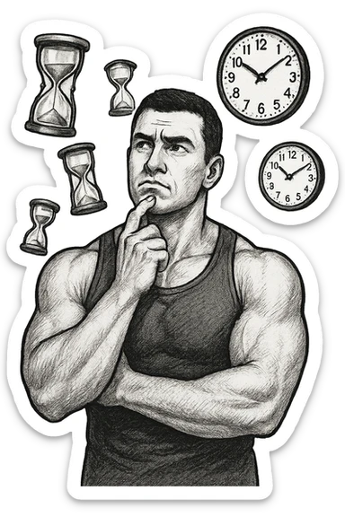 bodybuilder pensieroso che si tiene l'indice sul mento, alle sue spalle fluttuano clessidre e orologi da muro sticker