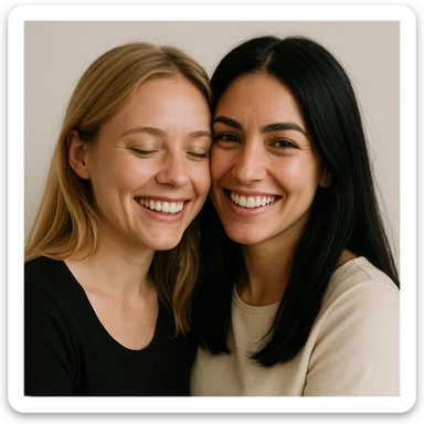 blonde and black-haired lesbian couple, close together, happy expression, minimal background sticker