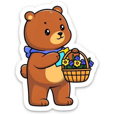 bear carrying a basket of wildflowers, soft pastel brown and cream sticker