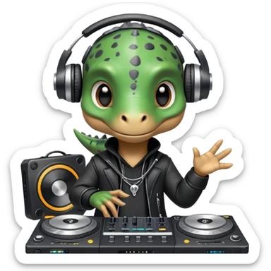 Dinosaurio muy tierno músico DJ con ropa negra futurista con nombre verexxo  sticker