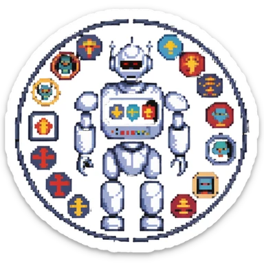 Pixel art of a robot man with a circular chest divided into four segments showing icons for visual art, music, theater, and literature sticker