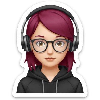 white girl with burgundy hair, gray square glasses, black deportive hoodie and black headphones sticker