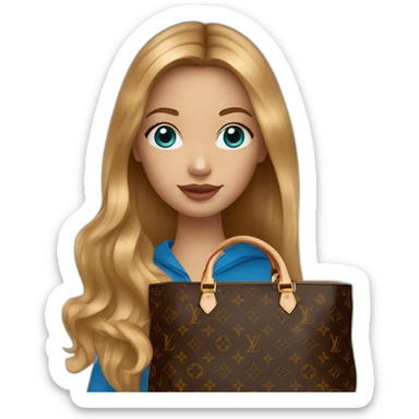 1 girl with light-brown long hair, blue eyes holding louis vuitton bag sticker