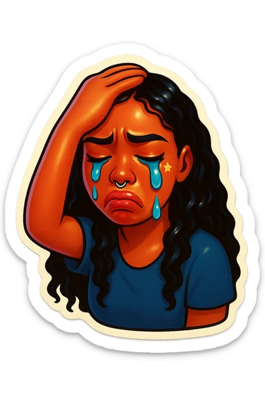 Crying Tears rolling down face 
Mouth Pout
one hand on head 
head down
 sticker