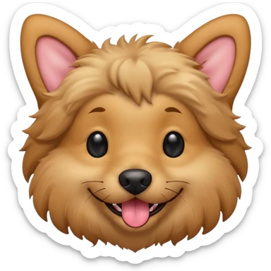 Dog face only, light brown fluffy dog, darker ears, small black nose, happy smiling with tongue out, simple emoji icon. sticker