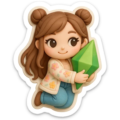 3D chibi girl fondant cake art style, high-quality rendering with smooth shadows and soft gradients, long brown hair in two space buns, brown eyes, jeans, pastel floral cardigan, thick white outline like a sticker, transparent background, flirty holding and hugging a Plumbob, preserve facial features from reference image sticker