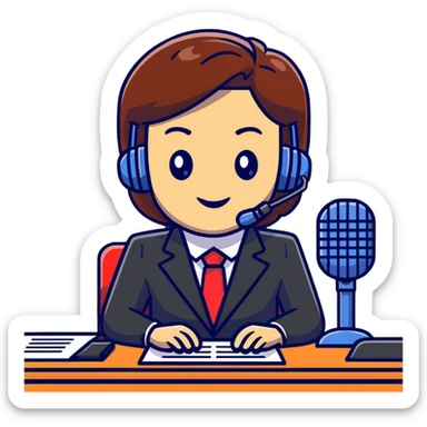 news anchor reporting at desk with microphone sticker