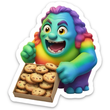 Giant rainbow ogre with sharp teeth eating a box of cookies with crumbs going everywhere sticker