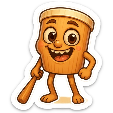  image of absurd wooden stick-man creature, drum-like cylindrical body, holding baseball bat, cartoon style, bright vivid colors, expressive face, dynamic pose, a bit creepy yet funny,  sticker