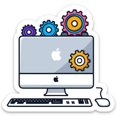 iMac computer with colorful gears on the screen sticker