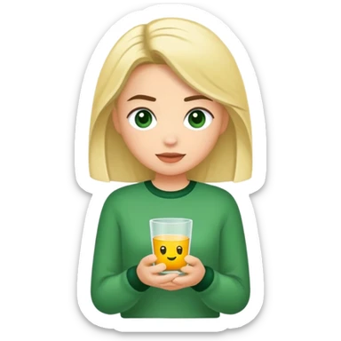 Vuxen kvinna, långt lockigt svart hår, gröna ögon, grön tröja, glad  sticker