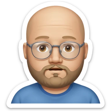 semi-bald from the middle, chubby face, with glasses and beard sticker