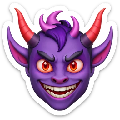 "Smiling face with horns devil emoji, purple skin, curved black horns, mischievous grin with fangs, pointed eyebrows, glowing red eyes, simple white background, cartoon emoji style, high detail, vibrant colors, isolated sticker