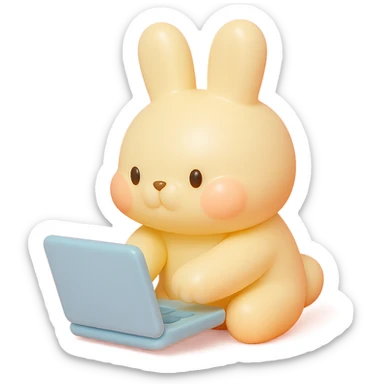 vanilla bunny typing fast, cheeks puffed, vinyl figure style sticker