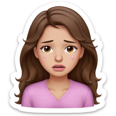 girl with wavy long brown hair, brown eyes, light to medium complexion, long lashes, light pink lipstick, wearing light pink shirt, crying big tears sticker