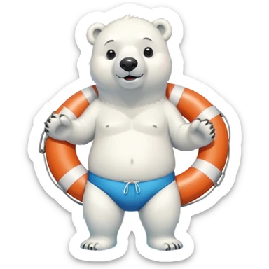 full body friendly anthropomorphised polar bear wearing swim shorts, life buoy around waist, swim goggles, standing with water pooled around feet sticker
