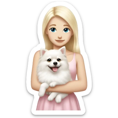 Blond girl white skin blue eyes hugging white Pomeranian with light pink bow sticker