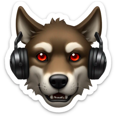 big badass brown wolf with red eyes and a black gaming headset  sticker