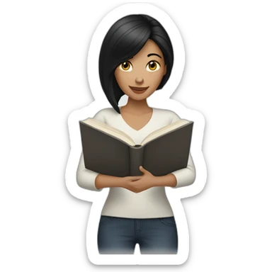 White woman with black hair reading sticker