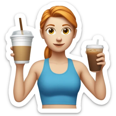 Ginger straight haired white girl in blue sports bra and leggings drinking brown iced coffee sticker