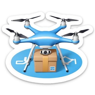 Delivery drone sticker, quadcopter carrying small package box, friendly design, simple flat vector style, soft shadow, white outline, transparent background sticker