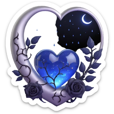 gothic heart, midnight blue glass, silver crescent moon, black roses, stardust, lightning, rain, cracked glass, futuristic style sticker
