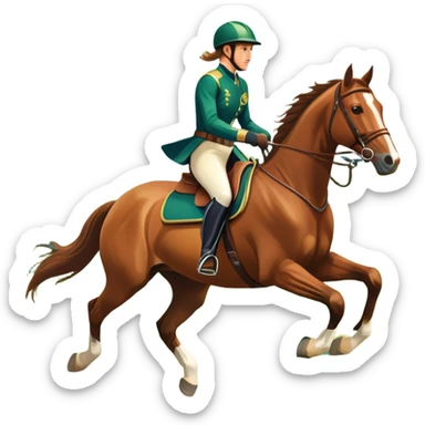 An icon featuring a horse and rider galloping gracefully over a lush green field. The rider is in full gear, guiding the horse with precision. The background shows rolling hills, a clear blue sky, and vibrant sunlight illuminating the scene. Transparent background highlights the elegance sticker
