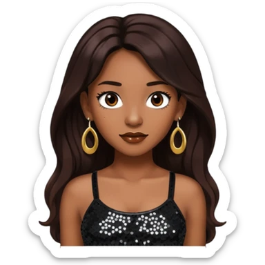 Chilli from TLC with long dark brown hair, black sequin crop top, black earring sticker