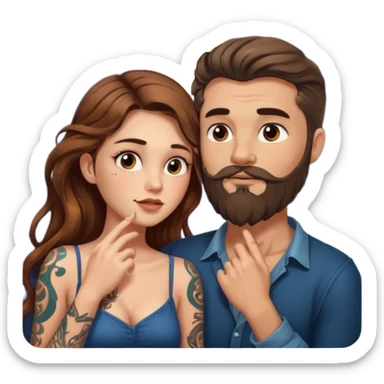woman with long wavy brown hair tattoos and bearded man, she holds his chin, close flirty stare, moonlight glow sticker