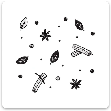 Hand-drawn collection of spices including peppercorns, bay leaves, cinnamon sticks, and star anise sticker
