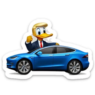 Donald trump as Donald Duck sitting on top of a Tesla  sticker
