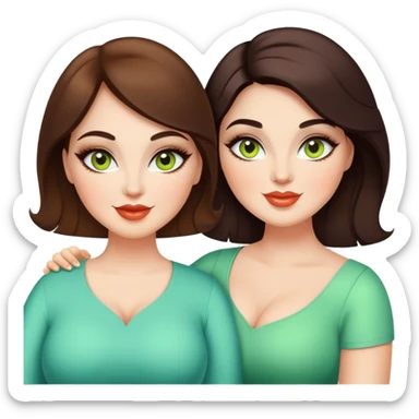 Happy curvy sisters, brunettes, chartreuse eyes, makeup, stylish sticker