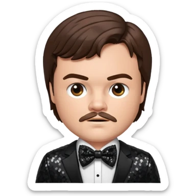 Jack Black with brown hair, black sequin suit with bow tie sticker