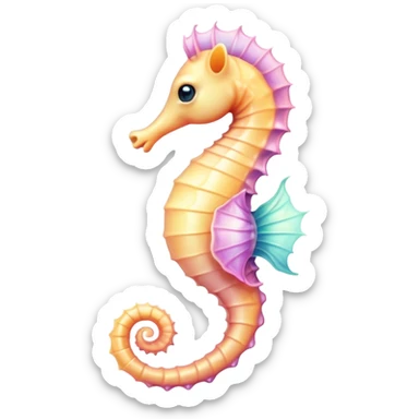 Cinematic Cute Sea Horse Portrait Emoji, Head tilted playfully and inquisitively, featuring a charming, petite seahorse with a softly curved body in pastel tones, a delicately coiled tail and round, sparkling eyes full of gentle wonder, Simplified yet irresistibly adorable features, highly detailed, glowing with a warm, inviting aquatic glow, high shine, affectionate and lively, stylized with a touch of enchanting marine charm, soft glowing outline, capturing the essence of a mischievous yet loving seahorse that seems as if it could float out of the screen into your arms! sticker