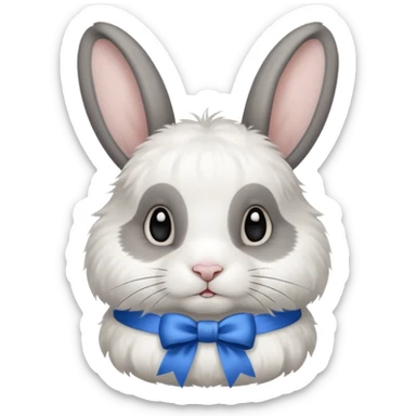 a white and black realistic domestic rabbit with a blue ribbon on its neck sticker