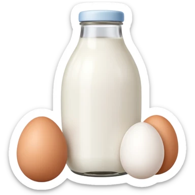 A white milk bottle standing beside a single egg on a clean surface. sticker