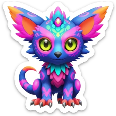 Tropical futuristic lush warm-colored colorful neon-colored cyber-Fakémon-Digimon-Trico-creature sticker